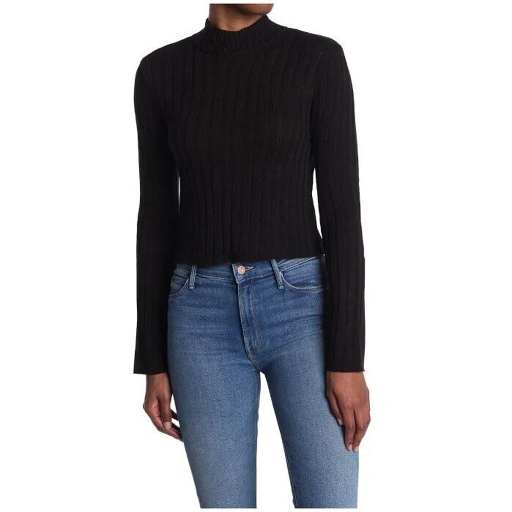 Abound Women's Cropped Mock Neck Long Sleeve‎ Wide Ribbed Sweater in Black 2XS